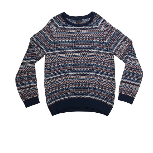 Magaschoni Mens Navy Blue Orange Fair Isle Cotton Blend Crew Neck Sweater Medium